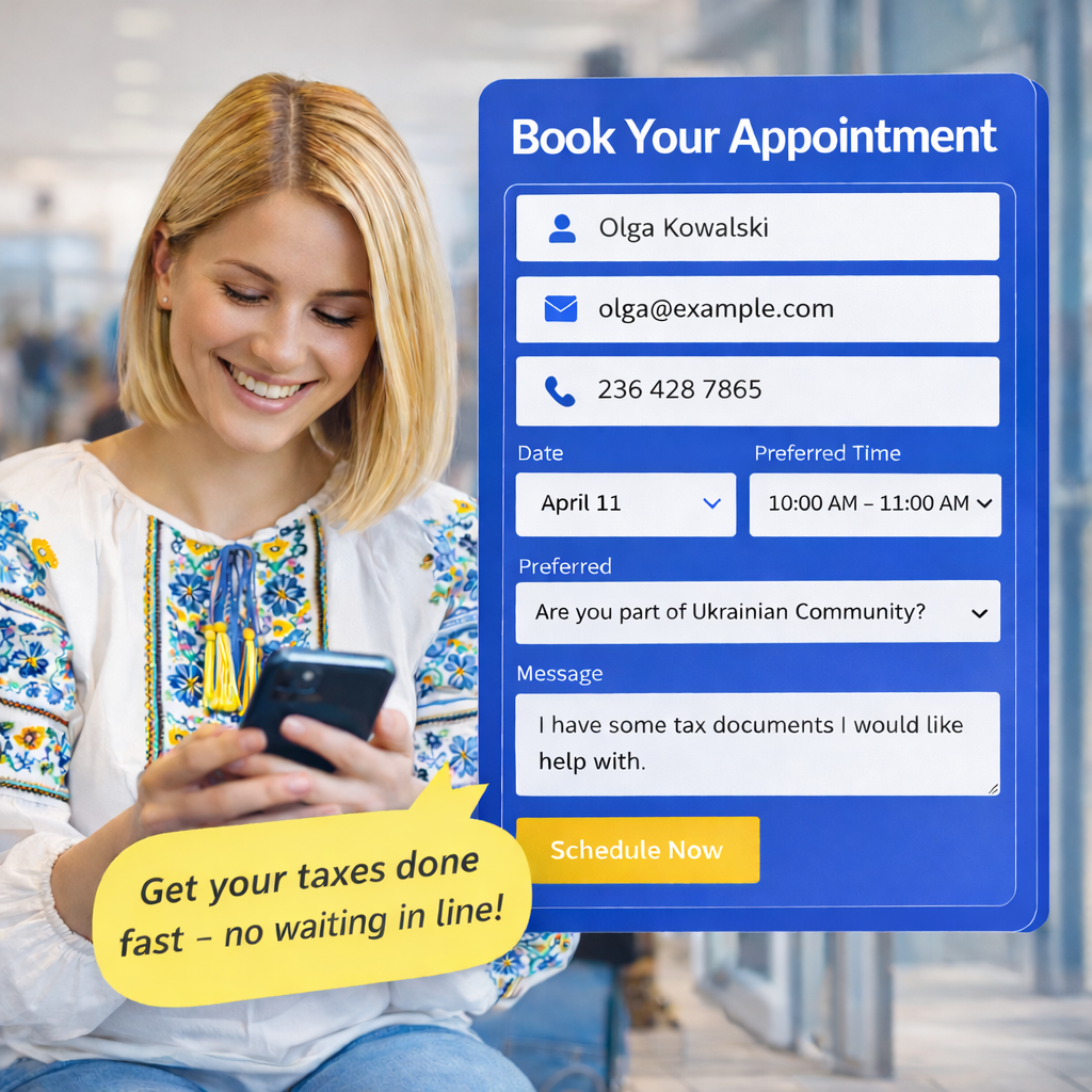 Free tax clinic Vancouver Ukrainian community booking appointment Vantax Accounting